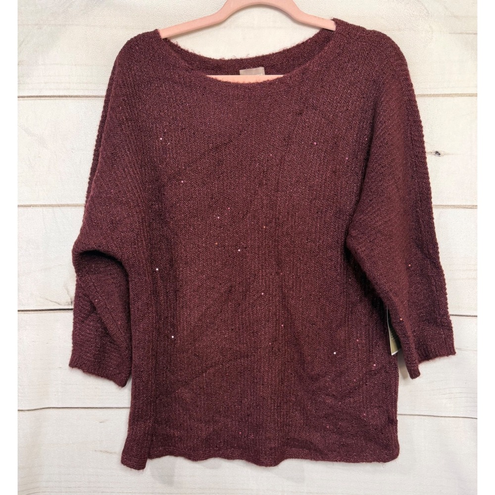 Chico's Cozisoft Sparkle Shimmer Boat Neck Pullover Plum Wine Sequin Sweater 2 L